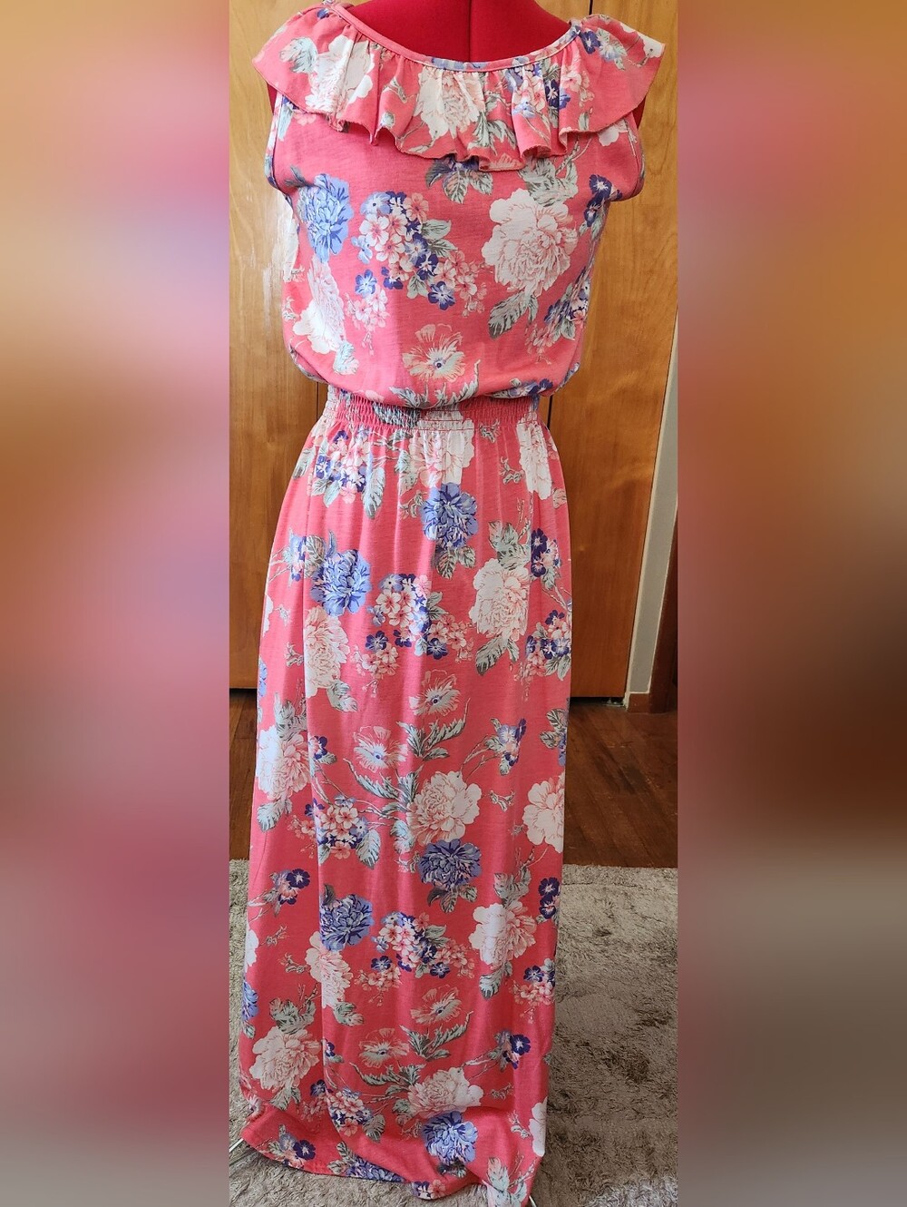 Floral Ruffle Neck Coral Maxi Dress
